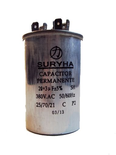 Imagem de CAPACITOR DE FASE DUPLO 20 µF + 03 µF X 380V SURYHA